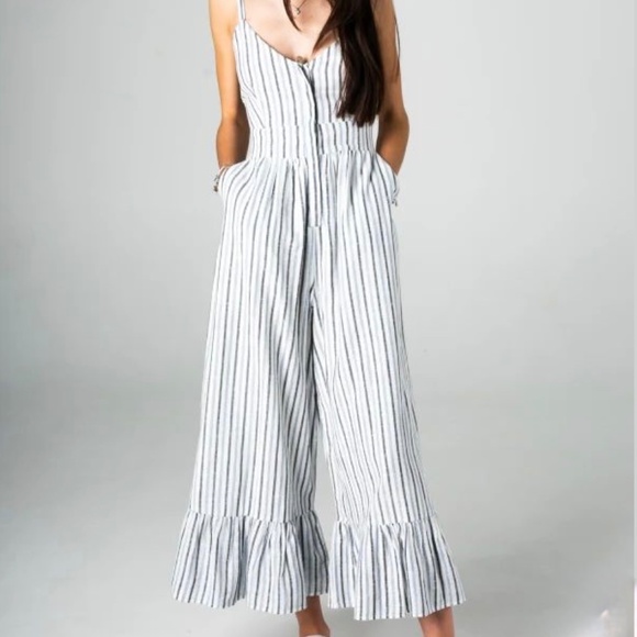 LoveShackFancy Edeline Navy Blue Stripped Sleeveless Ruffled Hem Jumpsuit Sz 4 - Picture 1 of 12